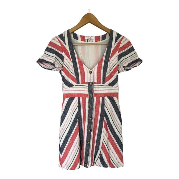 Parker Red White Blue Kacey Mini Dress Size 00 Linen Rayon Pockets Lined Buttons - Picture 2 of 10
